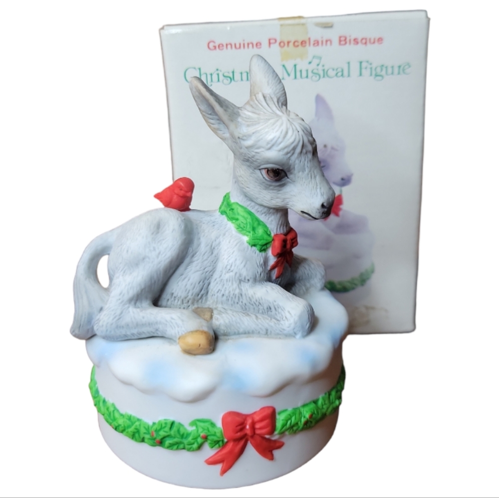 Vtg Silent Night Porcelain Bisque Music Box Christmas Donkey Figurine